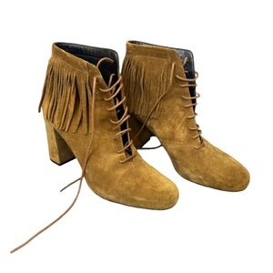 Saint Laurent Fringe Suede Lace-Up Ankle Boots Tan Camel Block Heel 38.5